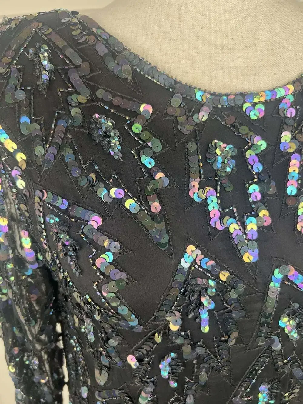 Vintage Carina Silk Sequin Dress M Iridescent Beaded Lace Sheath Cocktail Formal